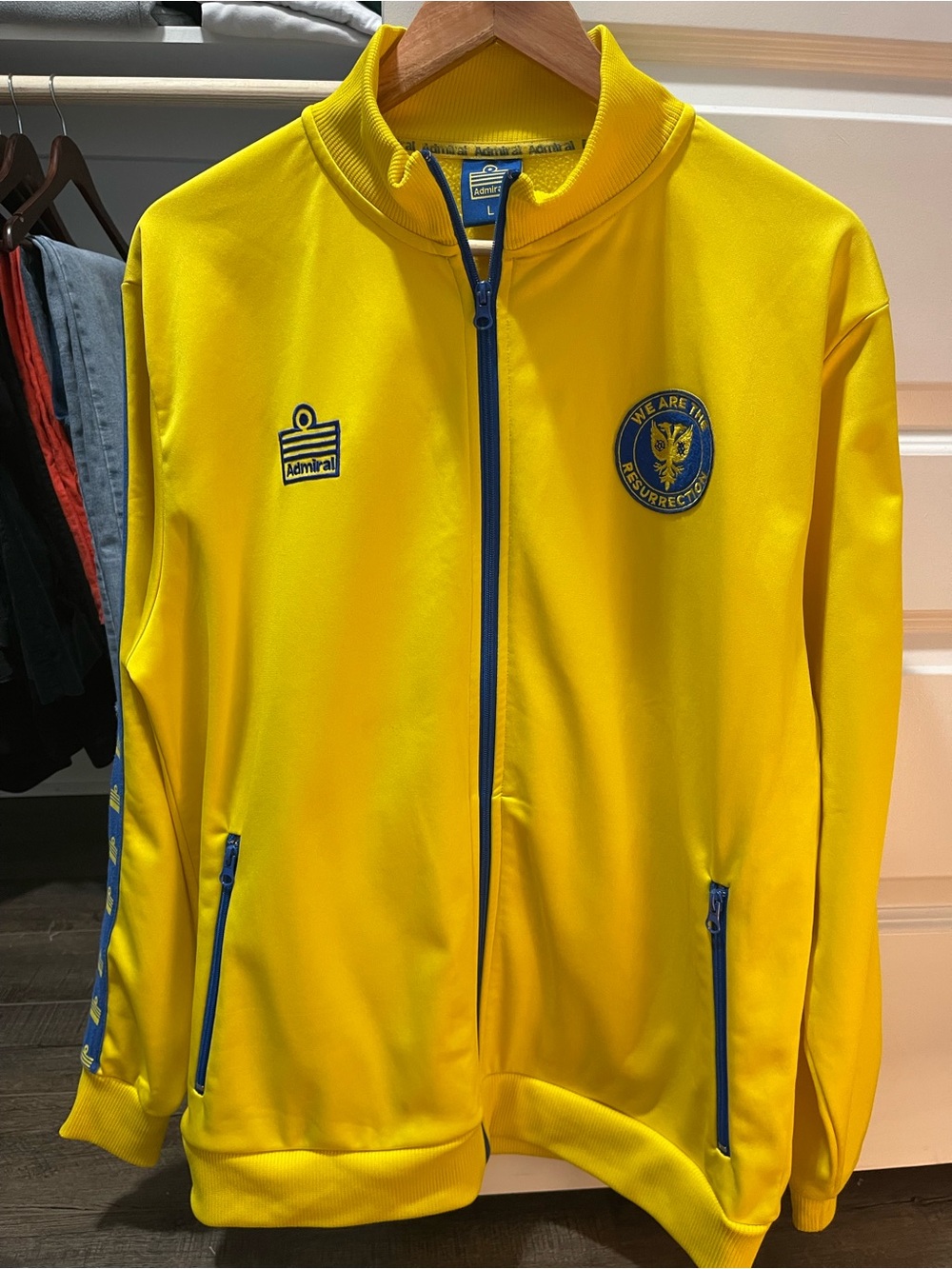 Men’s Admiral Track Jacket Yellow & Blue “We Are The Resurrection” – Size L